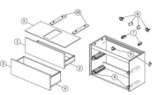 Montageanleitung für einen Waschtisch-Unterschrank von Ideal Standard, bestehend aus mehreren Bauteilen wie Schubladen, Schrank, wie abgebildet.